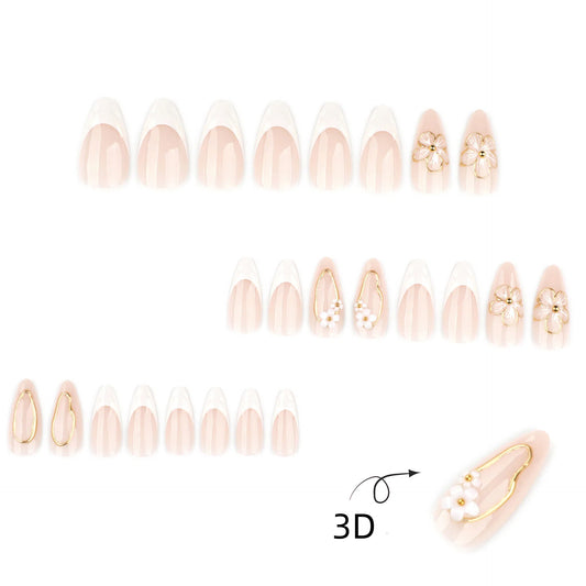 3D white flower wedding press on nails - 12 sizes 24 pieces ClairClaw gold accents