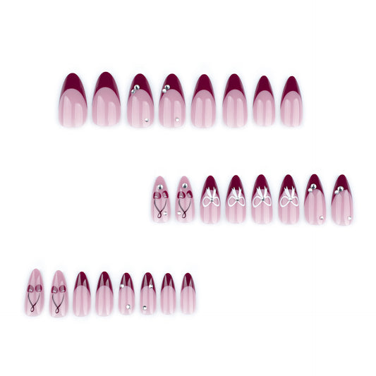 3D cherry + bowtie press on nails - 12 sizes 24 pieces ClairClaw blush nude