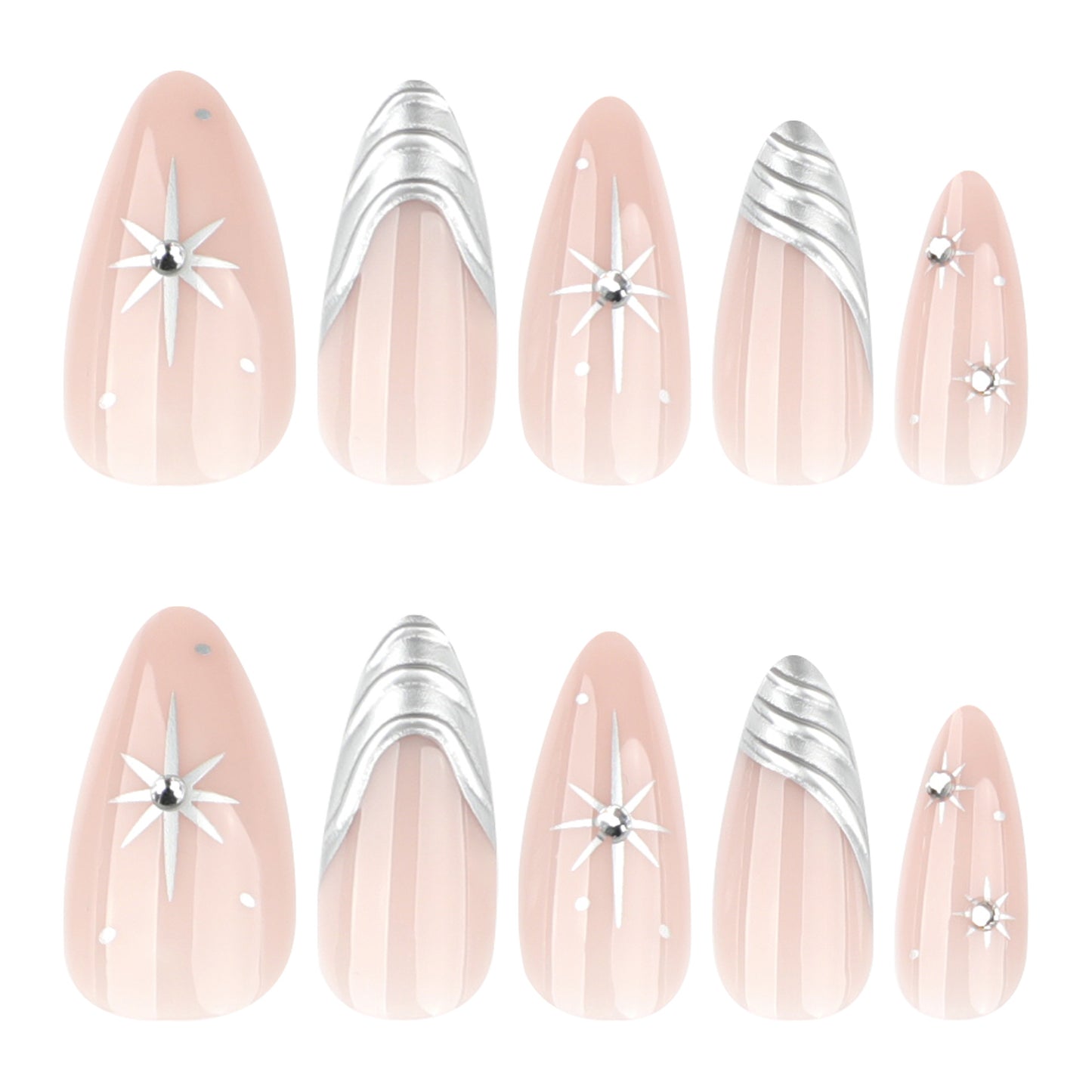 12 sizes 24 pieces silver starburst press on nails measurements - ClairClaw Stellar