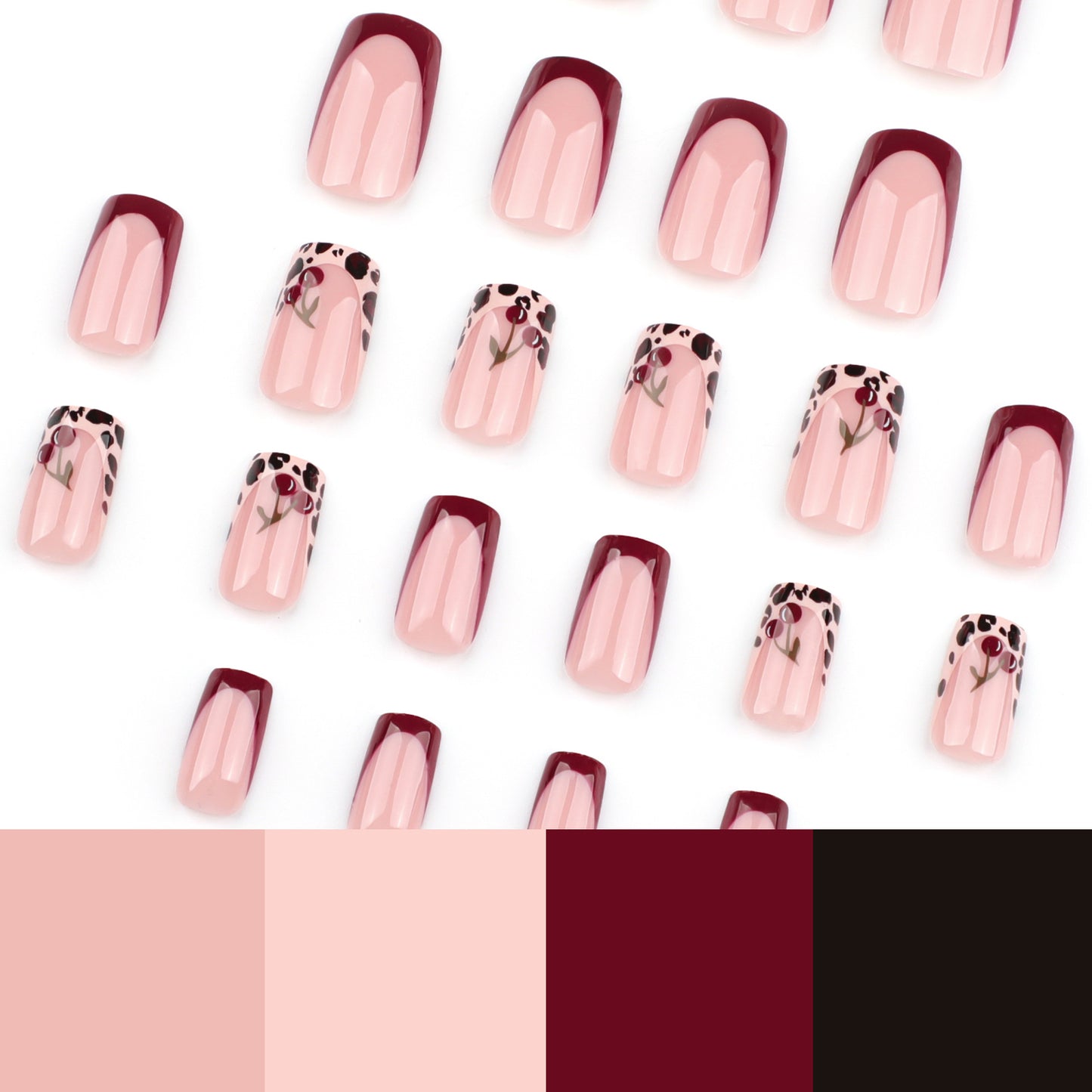 Cherry Spot leopard press on nails - ClairClaw 24 sizes blush pink + cherry details