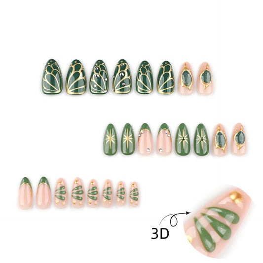 3D gilded leaf goddess press on nails - 12 sizes 24 pieces ClairClaw olive green