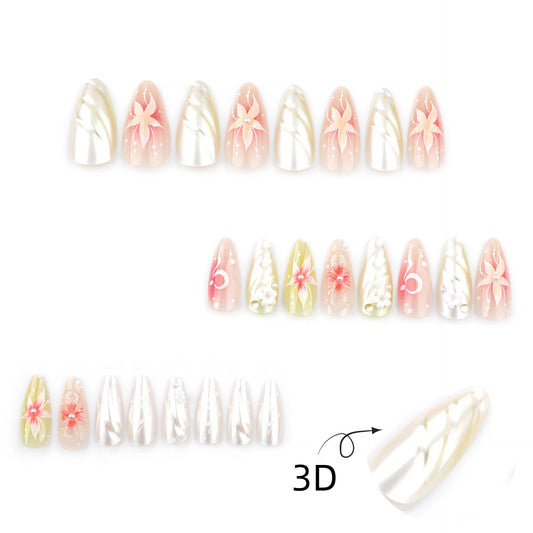 3D floral + pearl accents press on nails - 12 sizes 24 pieces ClairClaw pastel pink/yellow