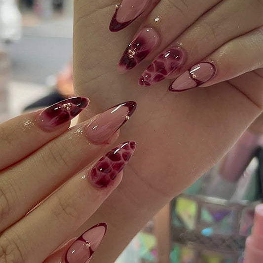 ClairClaw 12 sizes 24 pieces burgundy marble press on nails - Gold Pearl
