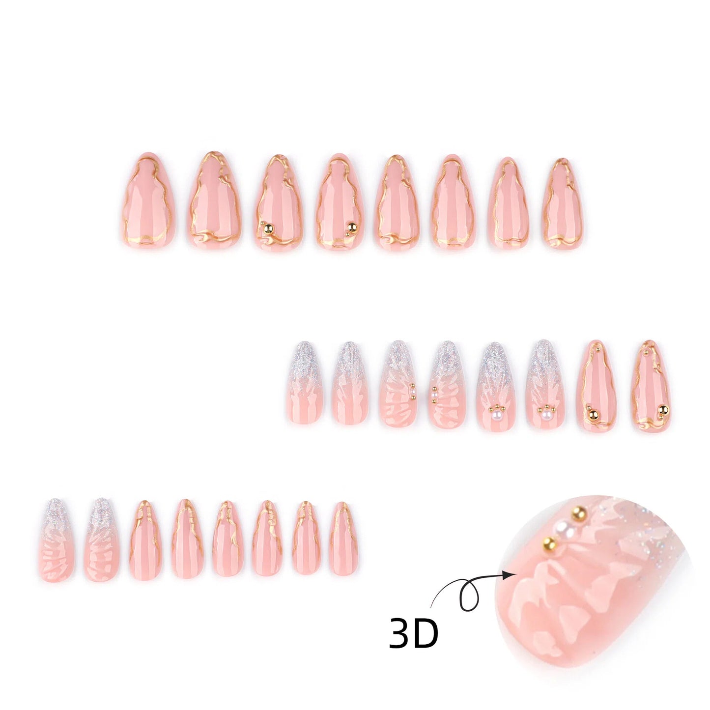 Iridescent crystal glitter press on nails - 12 sizes 24 pieces ClairClaw 3D gilded