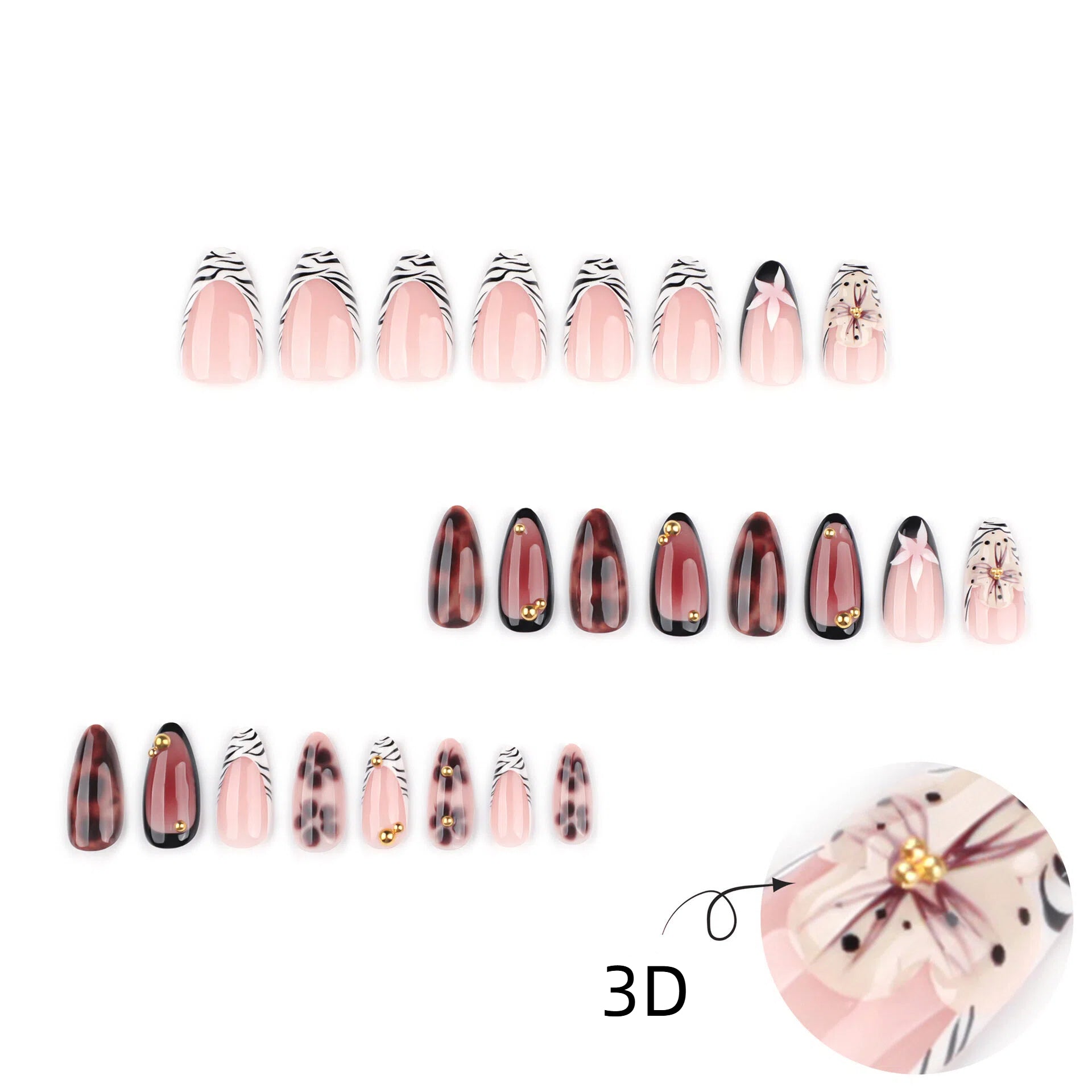 3D floral + leopard press on nails - 12 sizes 24 pieces ClairClaw gold beads