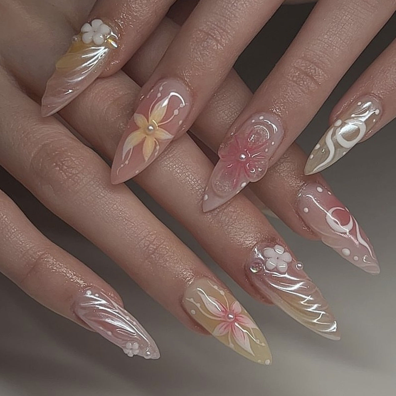 ClairClaw 12 sizes 24 pieces pastel 3D floral press on nails - Pastel Hawaii
