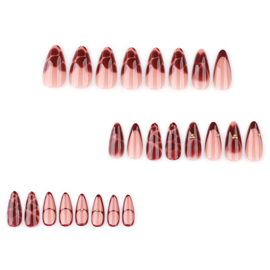 Burgundy marble swirl press on nails - 12 sizes 24 pieces ClairClaw gold pearls