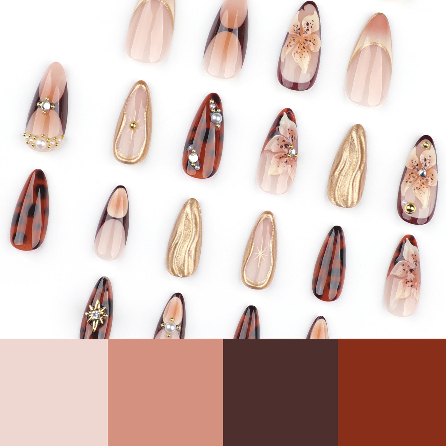 Tortoiseshell floral press on nails - ClairClaw 12 sizes 24 pieces opulent contrast