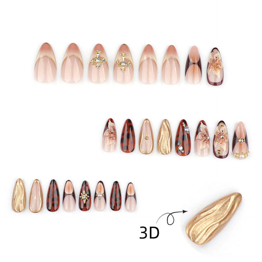 Tortoiseshell + 3D floral press on nails - 12 sizes 24 pieces ClairClaw gold studs