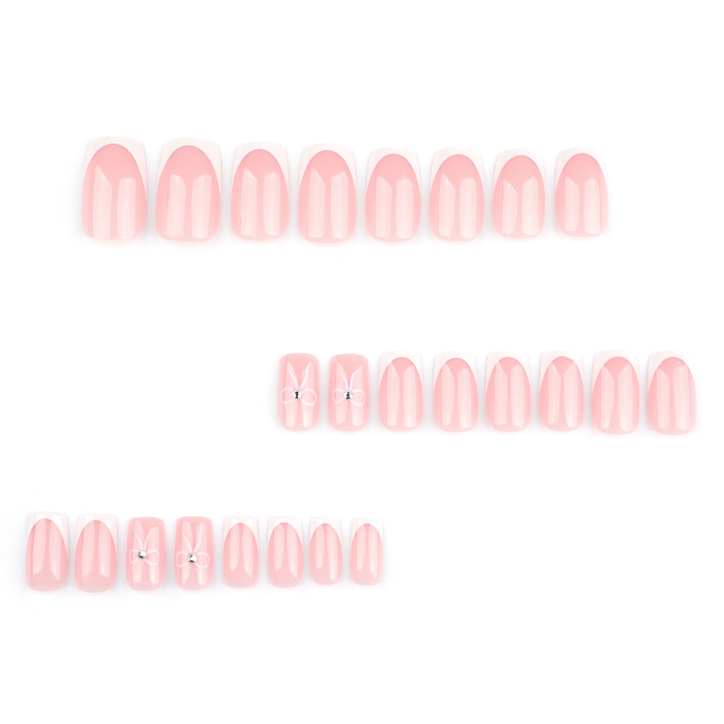 Dainty bow fairy-tale press on nails - 12 sizes 24 pieces ClairClaw glitter nude