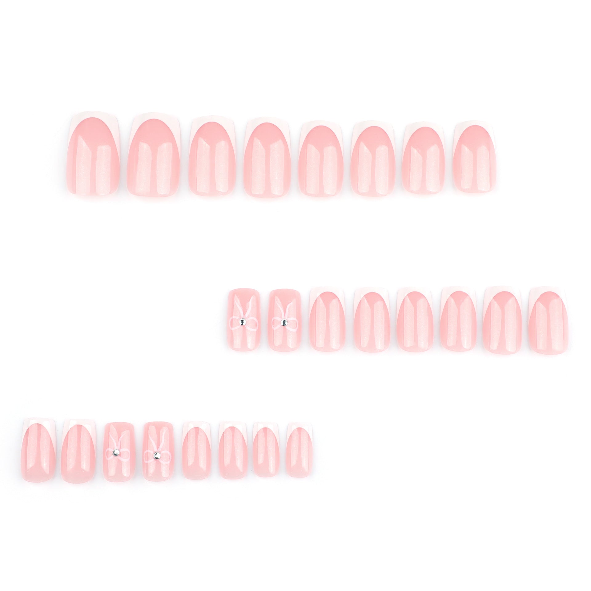 Dainty bow fairy-tale press on nails - 12 sizes 24 pieces ClairClaw glitter nude