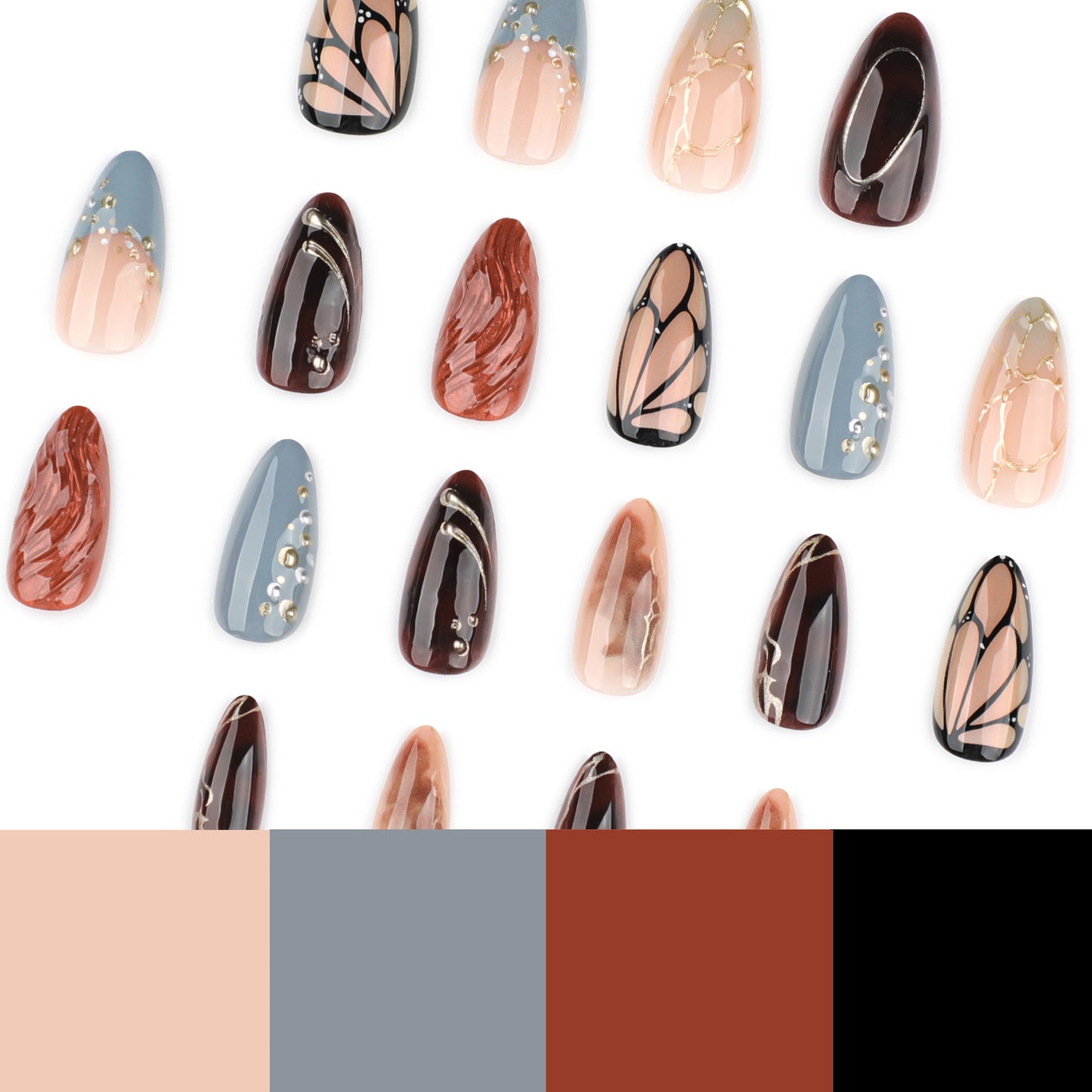 Dusty blue + amber nude press on nails - ClairClaw 12 sizes 24 pieces marble butterfly