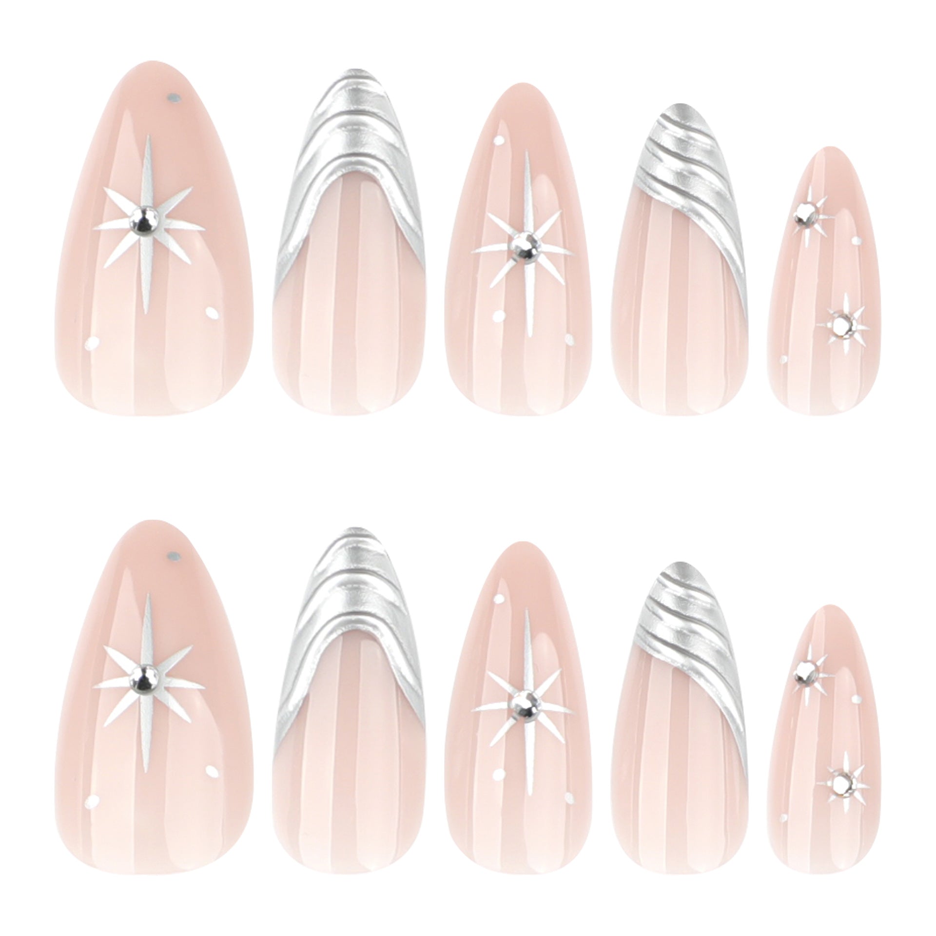 12 sizes 24 pieces silver starburst press on nails measurements - ClairClaw Stellar