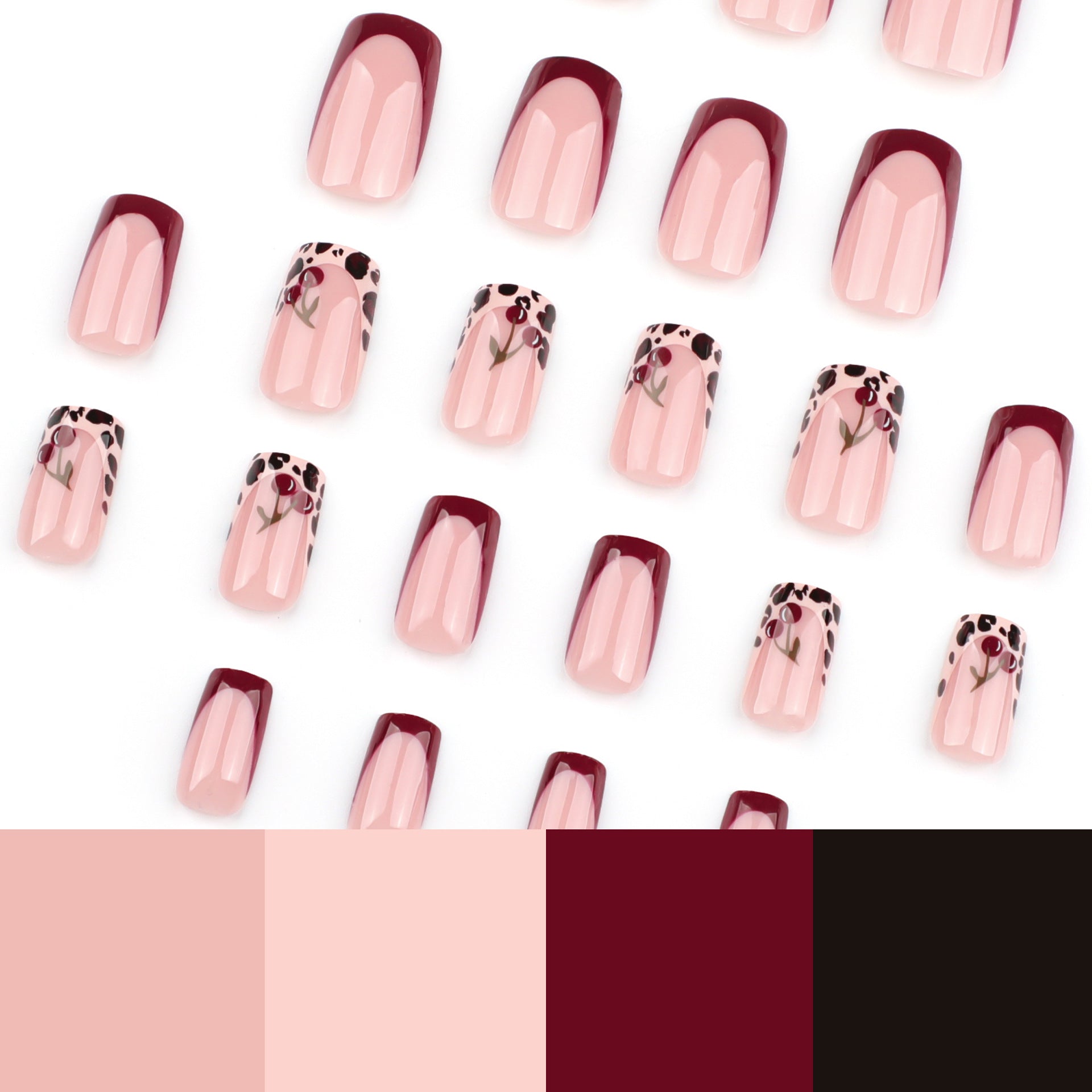 Cherry Spot leopard press on nails - ClairClaw 24 sizes blush pink + cherry details