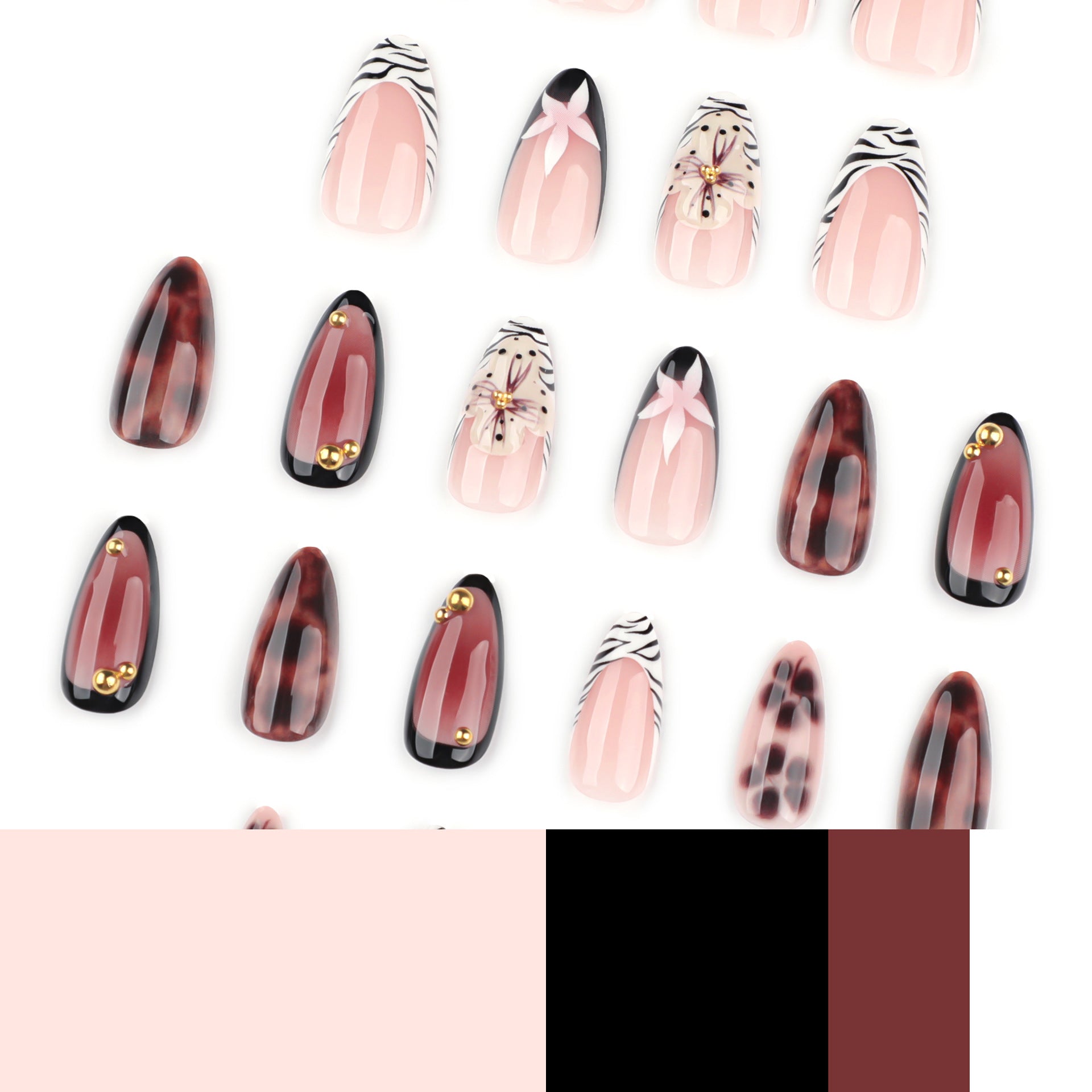 Black-lined + brown swirl press on nails - ClairClaw 12 sizes 24 pieces glossy