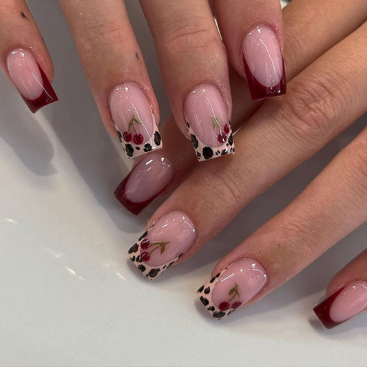 ClairClaw 12 sizes 24 pieces cherry leopard press on nails - Cherry Spot