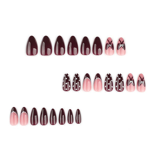Rose decal + pearl dots press on nails - 12 sizes 24 pieces ClairClaw burgundy