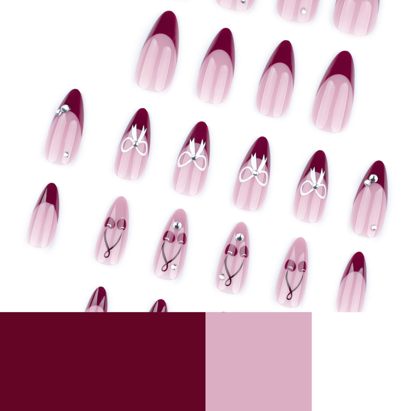 Blush nude + red tip press on nails - ClairClaw 12 sizes 24 pieces glossy gel-like