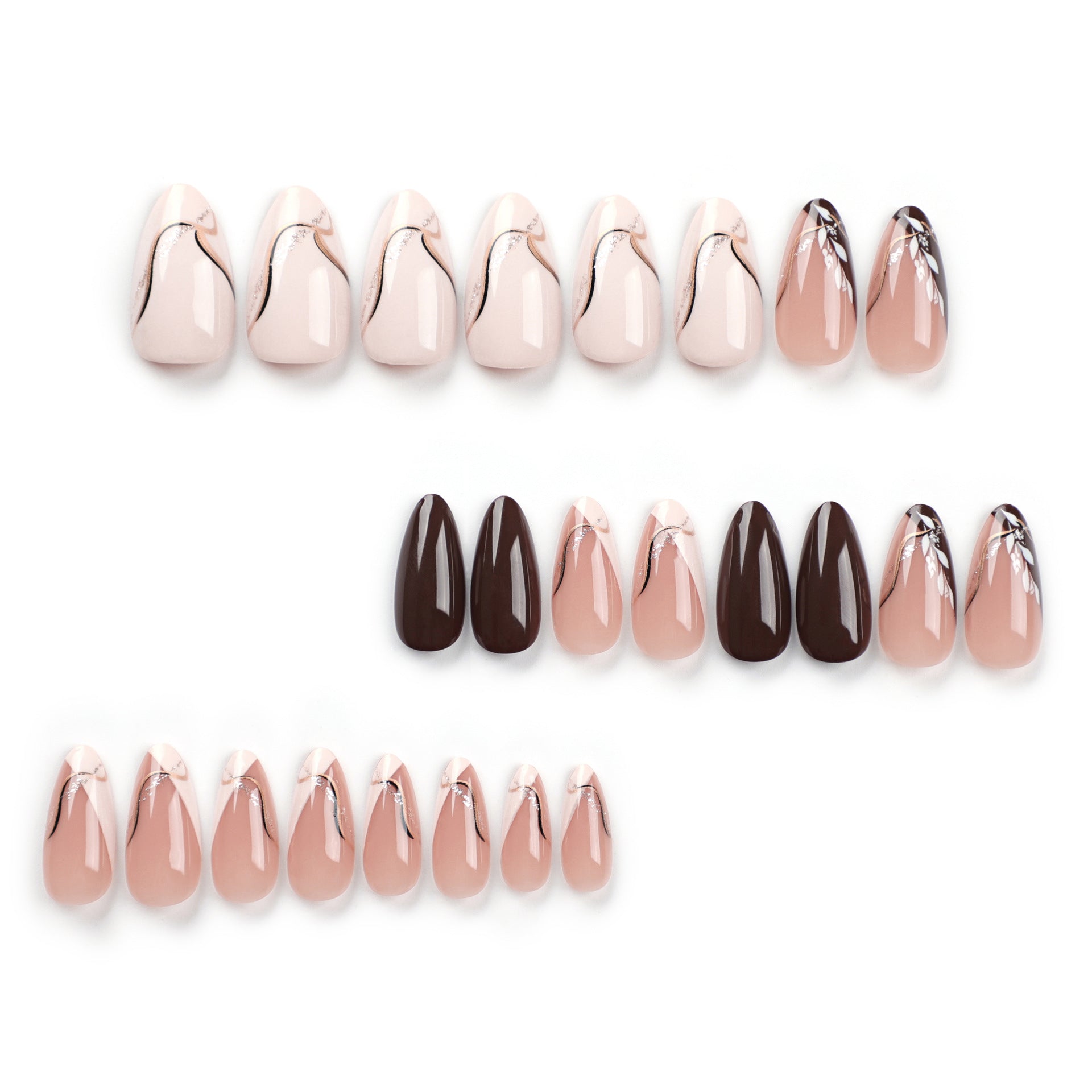Gilded leaf taupe press on nails - 12 sizes 24 pieces ClairClaw glitter edges