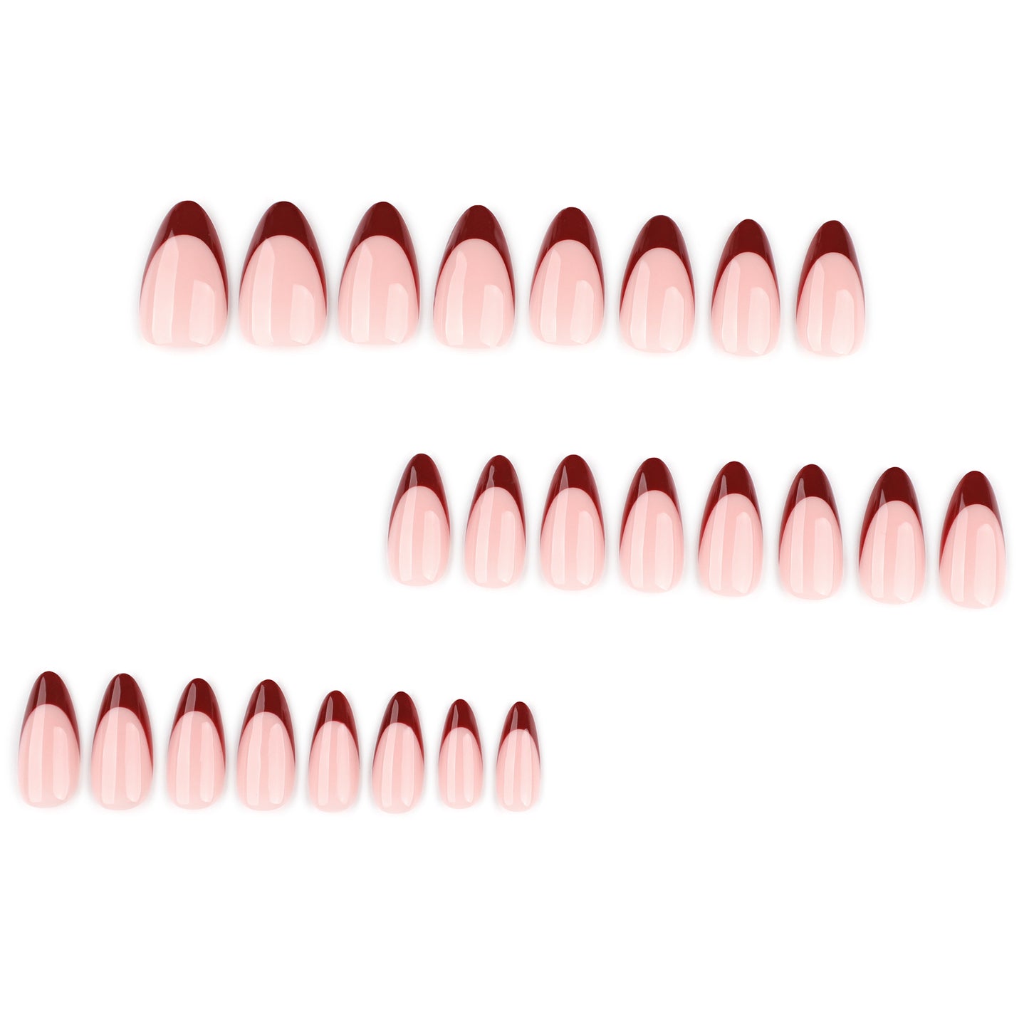 Burgundy half-moon press on nails - 12 sizes 24 pieces ClairClaw blush nude