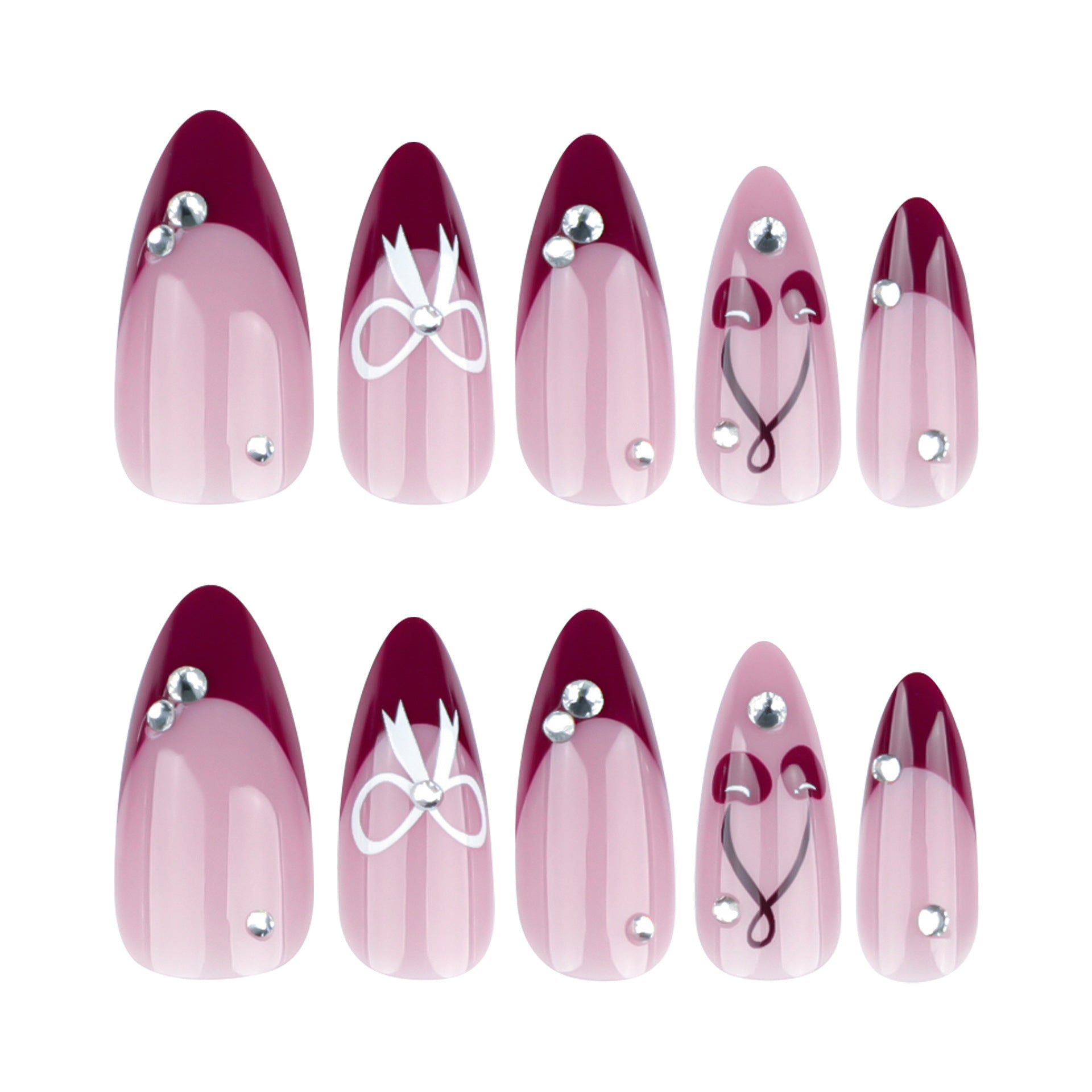 12 sizes 24 pieces cherry bowtie press on nails measurements - ClairClaw