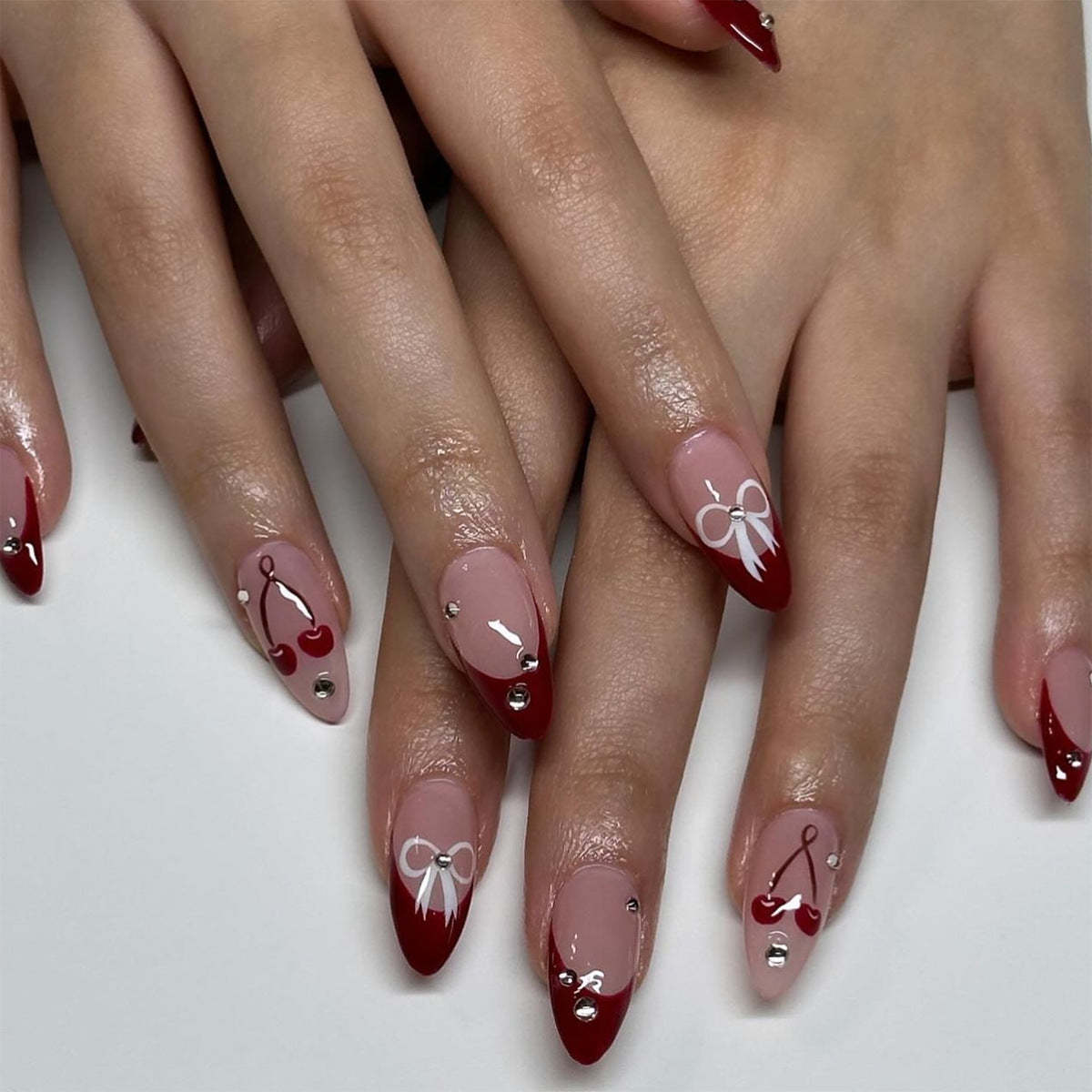 ClairClaw 12 sizes 24 pieces 3D cherry bowtie press on nails - Sweet Style