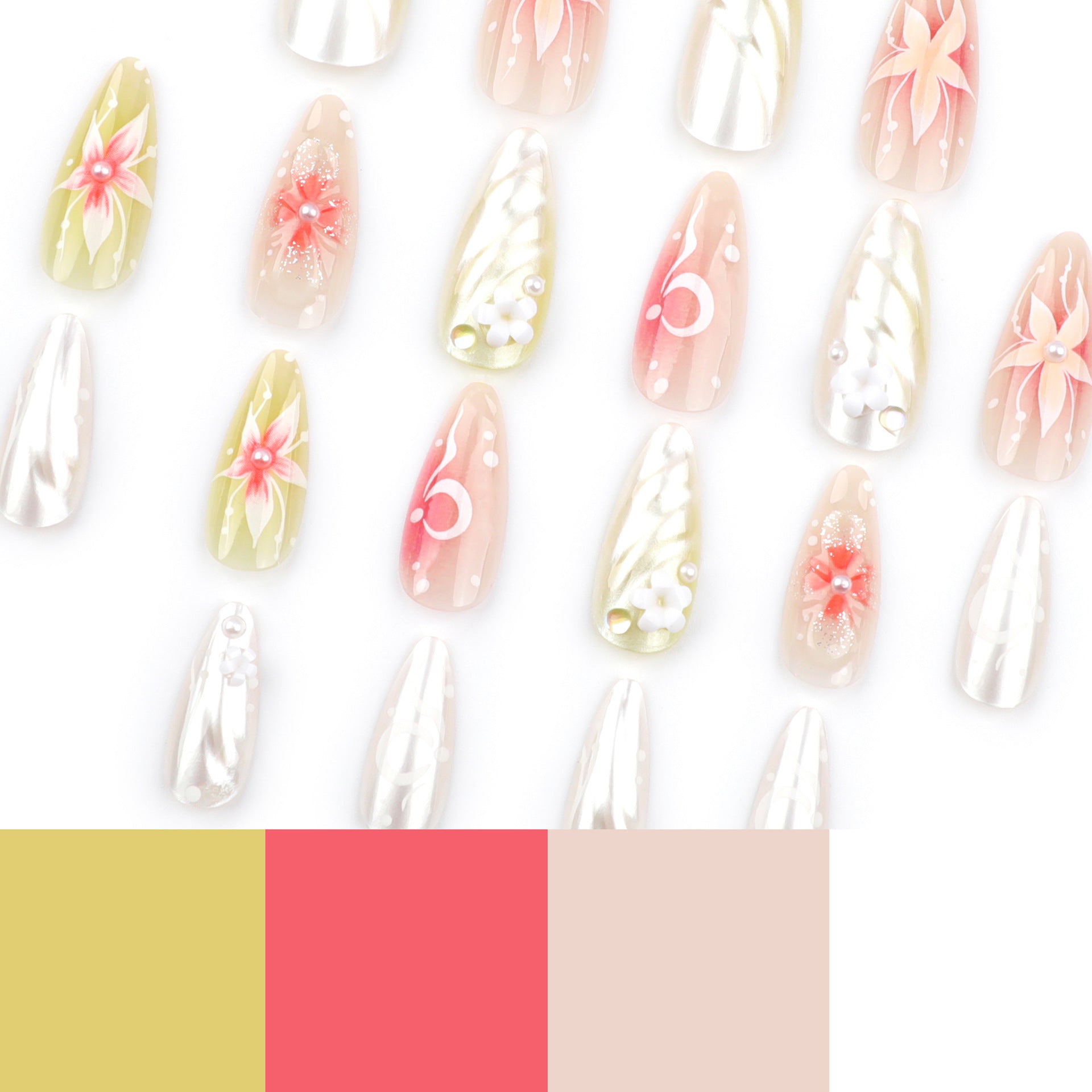 Pastel glossy press on nails - ClairClaw 12 sizes 24 pieces Hawaii vacation style