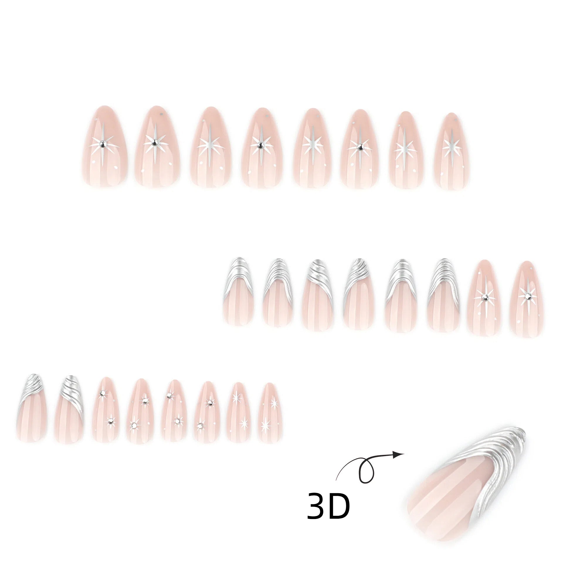 Silver foil galaxy press on nails - 12 sizes 24 pieces ClairClaw starburst