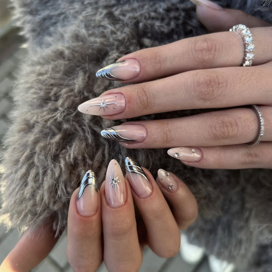 ClairClaw 12 sizes 24 pieces silver starburst press on nails - Stellar Silver