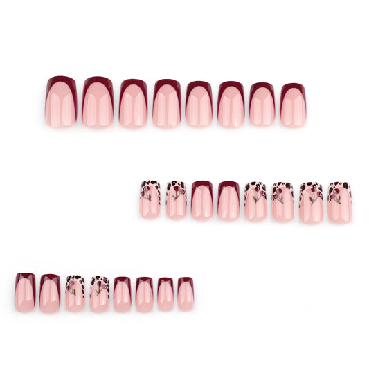 Cherry + leopard edge press on nails - 12 sizes 24 pieces ClairClaw pink nude