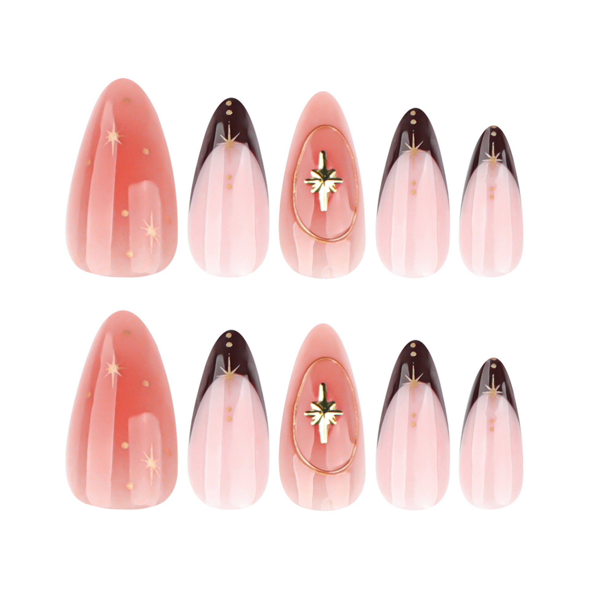 12 sizes 24 pieces gilded star press on nails measurements - ClairClaw Freya